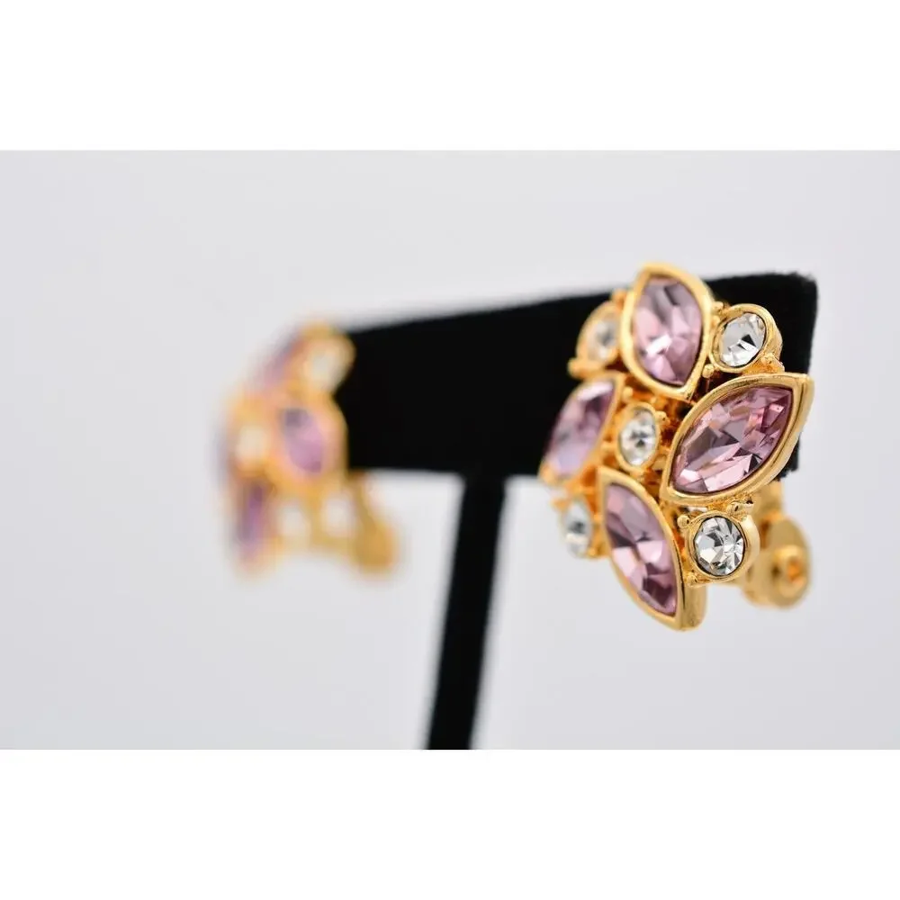 Monet Vintage Crystal Clip On Earrings Lavender Rhinestone Gold Signed 1980s 9E